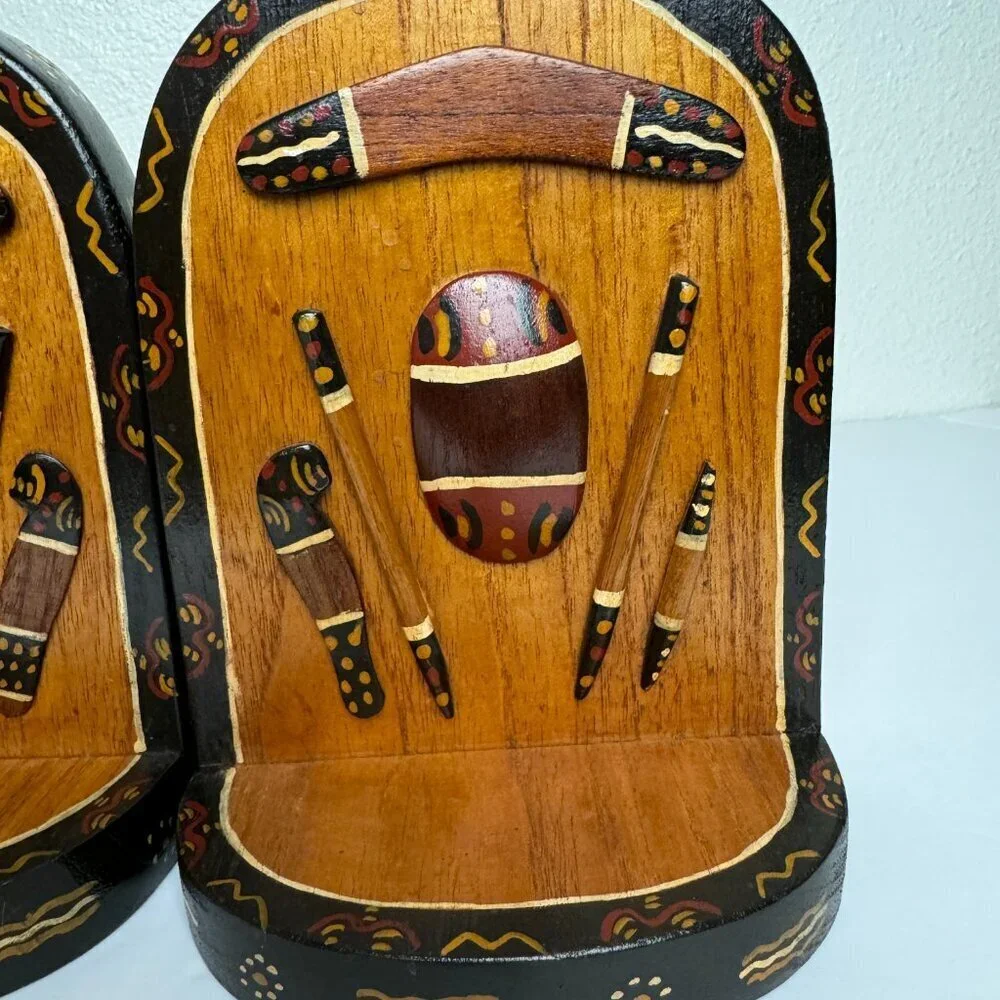 Vintage Hand Carved Wooden Australian Bookends Aboriginal Art